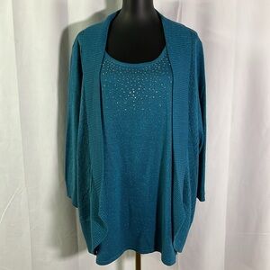NWT Karen Scott Teal Rhinestone Embellished Glittery Twofer Cardigan
